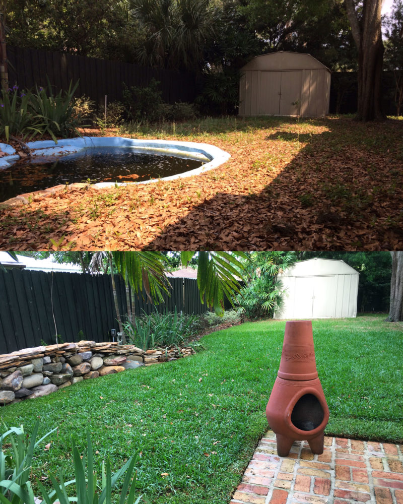 Residential back yard sod installation before after